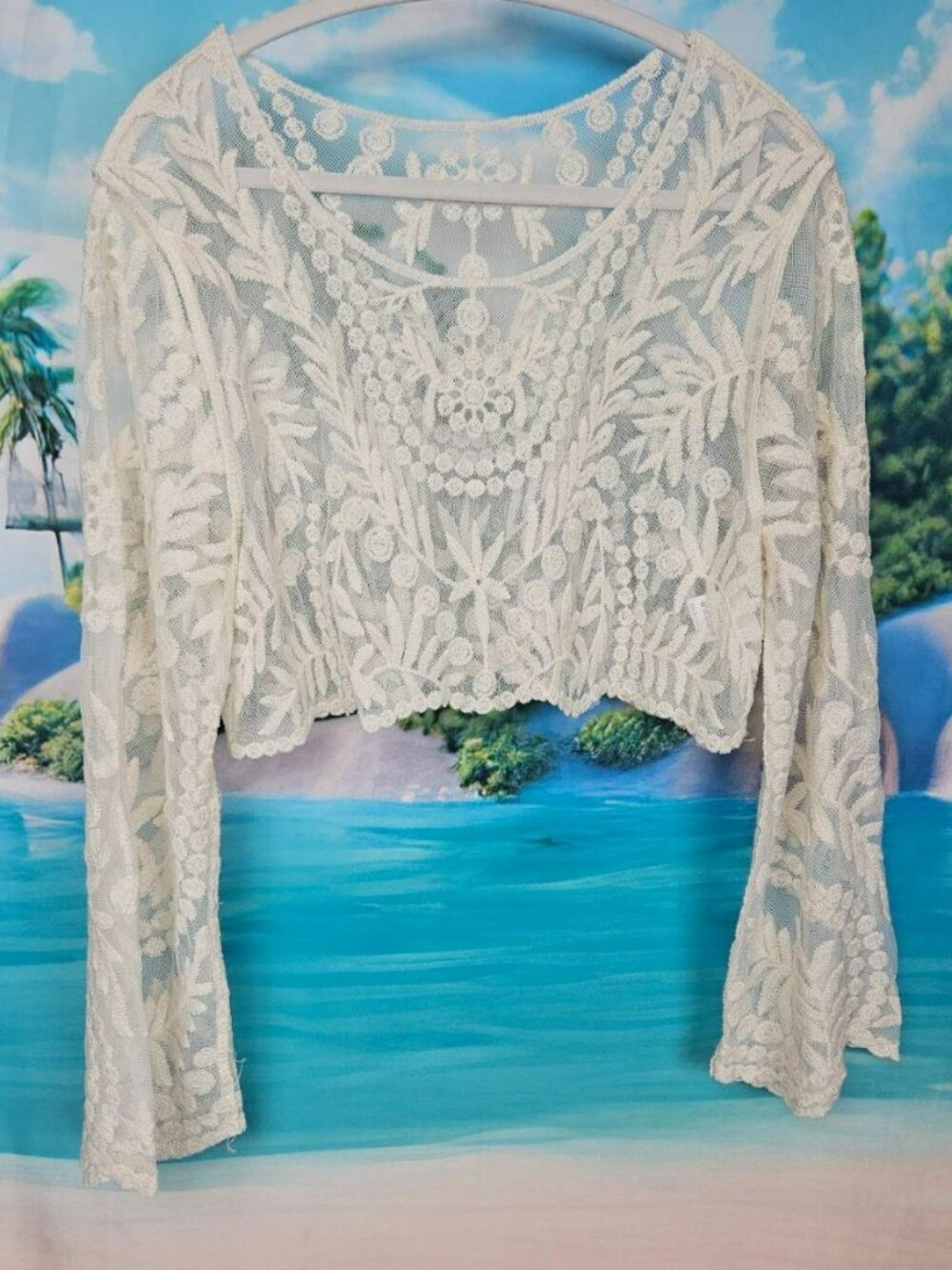Festival Boho Lace Sheer Crop Top Blouse Long Sleeve Shirt Womens L Ivory White